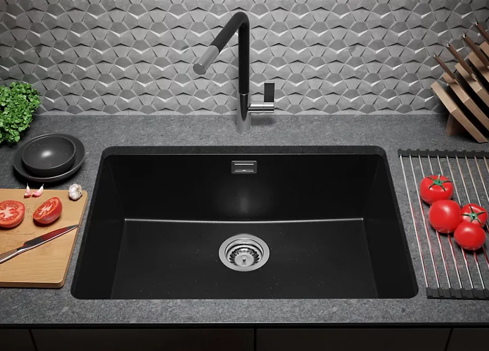 PRIMAGRAN Evier Sous Plan Noir Métallisé 66x47cm, Evier en Granit 1 bac + Kit de Vidage, Évier au meuble 70cm - London