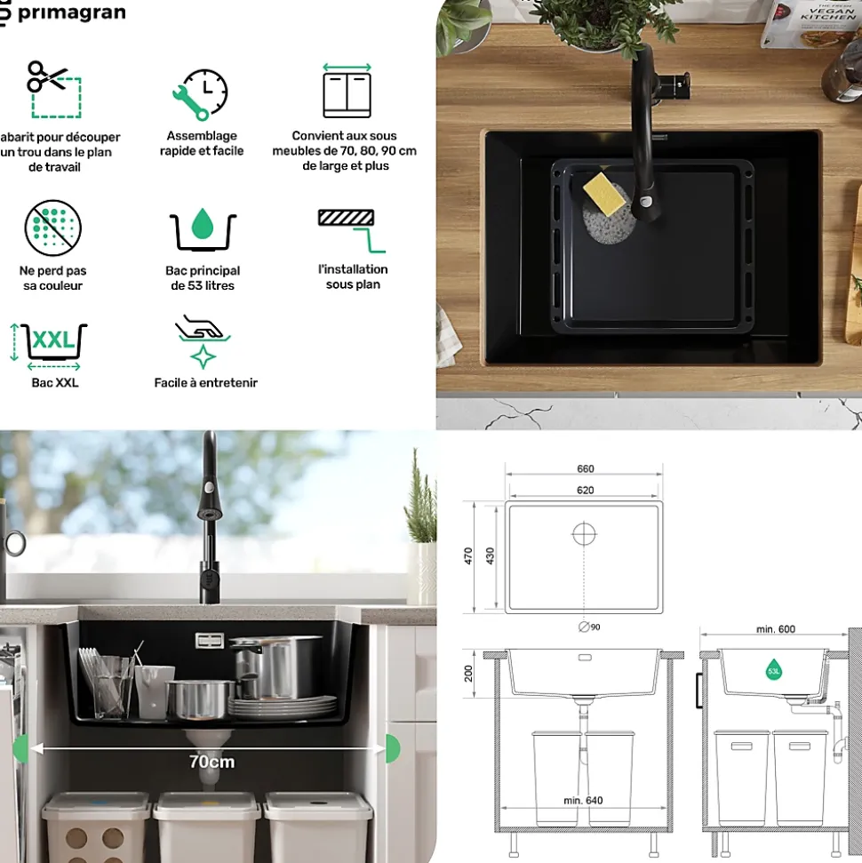 PRIMAGRAN Evier Sous Plan Noir Métallisé 66x47cm, Evier en Granit 1 bac + Kit de Vidage, Évier au meuble 70cm - London