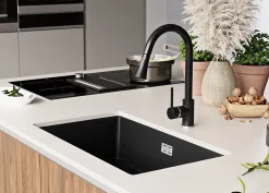 PRIMAGRAN Evier Sous Plan Noir 76x47cm, Evier en Granit 1 bac + Kit de Vidage, Évier au meuble 80cm - London