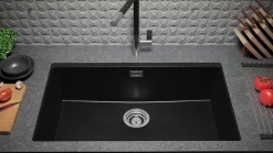 PRIMAGRAN Evier Sous Plan Noir 76x47cm, Evier en Granit 1 bac + Kit de Vidage, Évier au meuble 80cm - London