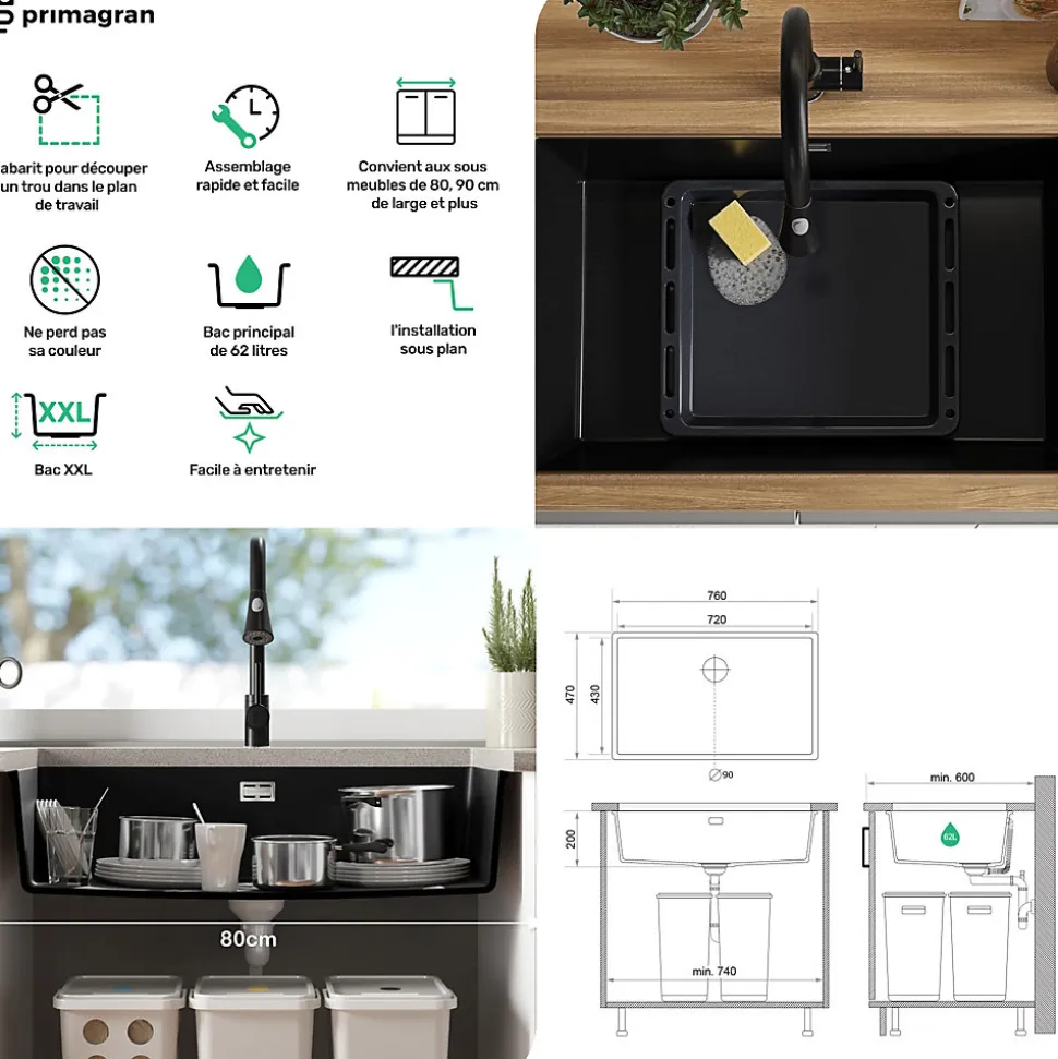PRIMAGRAN Evier Sous Plan Tout Noir 76x47cm, Evier en Granit 1 bac + Kit de Vidage, Évier au meuble 80cm - London