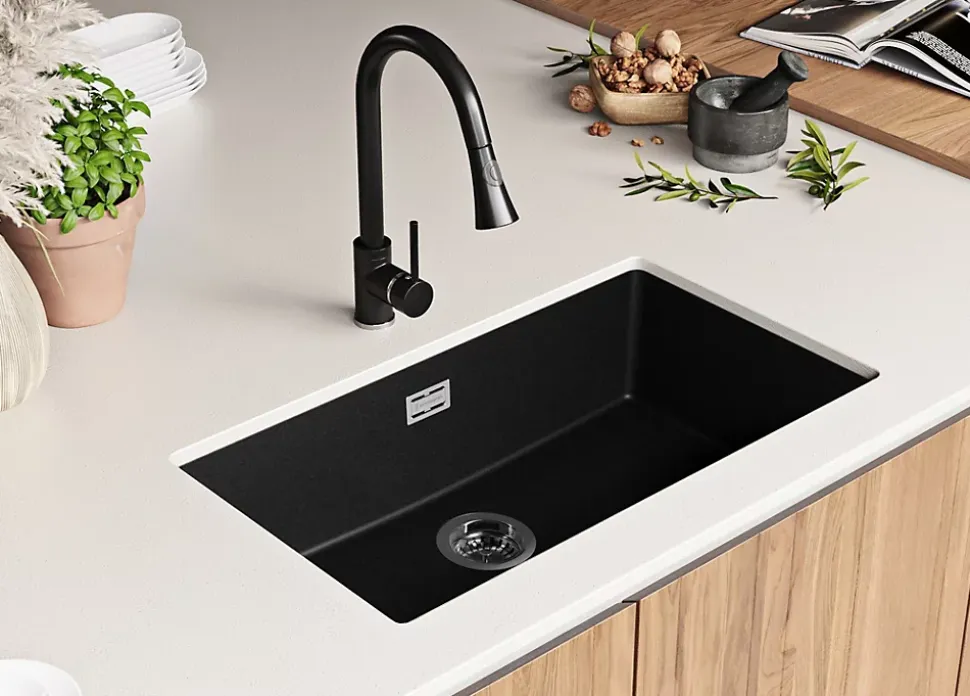 PRIMAGRAN Evier Sous Plan Tout Noir 76x47cm, Evier en Granit 1 bac + Kit de Vidage, Évier au meuble 80cm - London