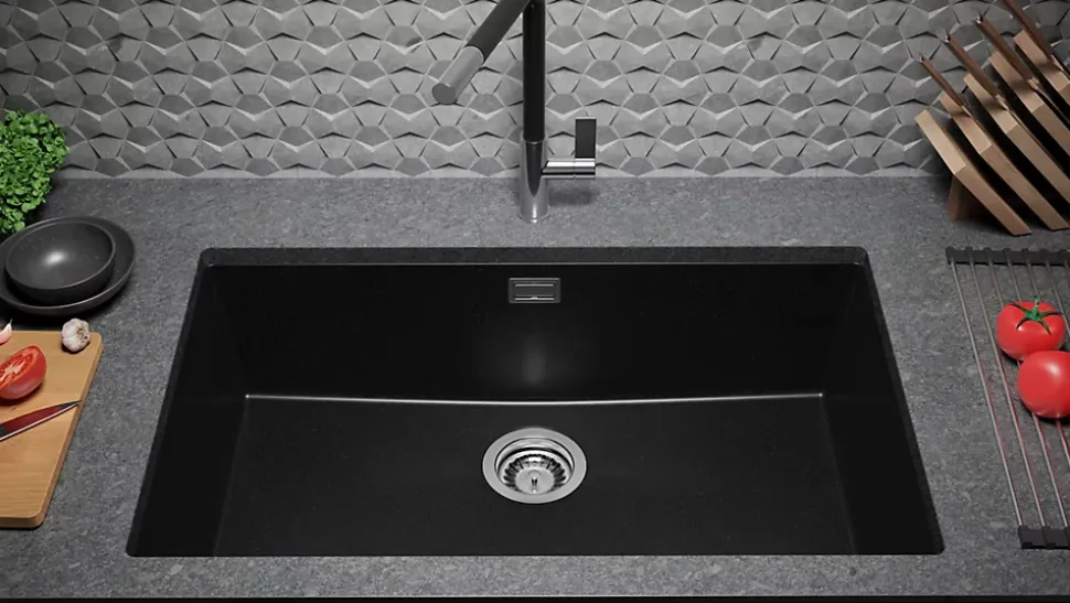 PRIMAGRAN Evier Sous Plan Tout Noir 76x47cm, Evier en Granit 1 bac + Kit de Vidage, Évier au meuble 80cm - London