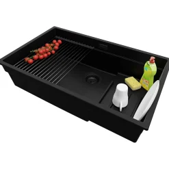 PRIMAGRAN Evier Sous Plan Tout Noir 76x47cm, Evier en Granit 1 bac + Kit de Vidage + Accessoires, Évier au meuble 80cm - Prague