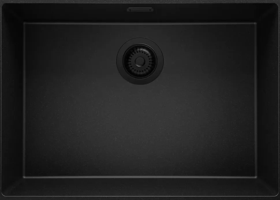 PRIMAGRAN Evier Sous Plan Tout Noir 66x47cm, Evier en Granit 1 bac + Kit de Vidage, Évier au meuble 70cm - London