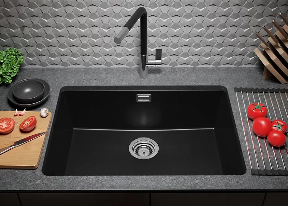 PRIMAGRAN Evier Sous Plan Tout Noir 66x47cm, Evier en Granit 1 bac + Kit de Vidage, Évier au meuble 70cm - London