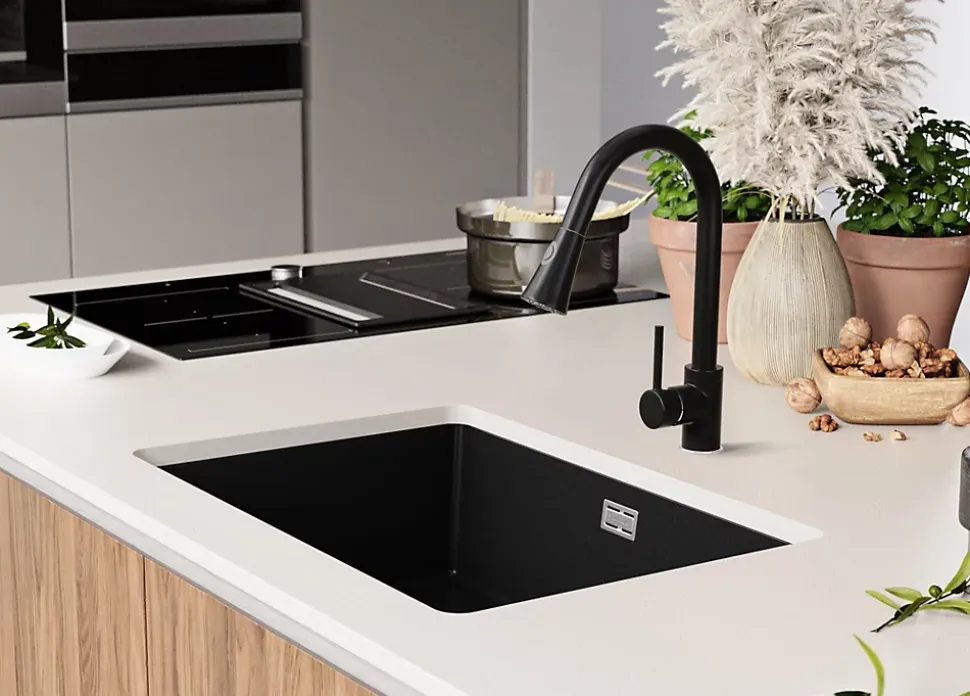 PRIMAGRAN Evier Sous Plan Tout Noir 66x47cm, Evier en Granit 1 bac + Kit de Vidage, Évier au meuble 70cm - London