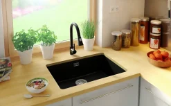 PRIMAGRAN Evier Sous Plan Tout Noir 66x47cm, Evier en Granit 1 bac + Kit de Vidage, Évier au meuble 70cm - London