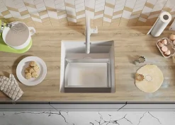 PRIMAGRAN Evier Sous Plan Blanc 46x47cm, Evier en Granit 1 bac + Kit de Vidage + Accessoires, Évier au meuble 50cm - Prague