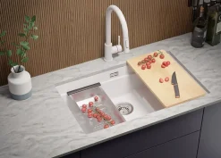 PRIMAGRAN Evier Sous Plan Blanc 76x47cm, Evier en Granit 1 bac + Kit de Vidage + Accessoires, Évier au meuble 80cm - Prague