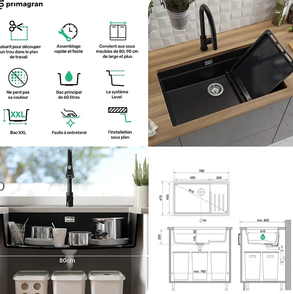 PRIMAGRAN Evier Sous Plan Blanc 76x47cm, Evier en Granit 1 bac + Kit de Vidage + Accessoires, Évier au meuble 80cm - Prague