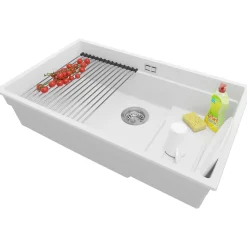 PRIMAGRAN Evier Sous Plan Blanc 76x47cm, Evier en Granit 1 bac + Kit de Vidage + Accessoires, Évier au meuble 80cm - Prague