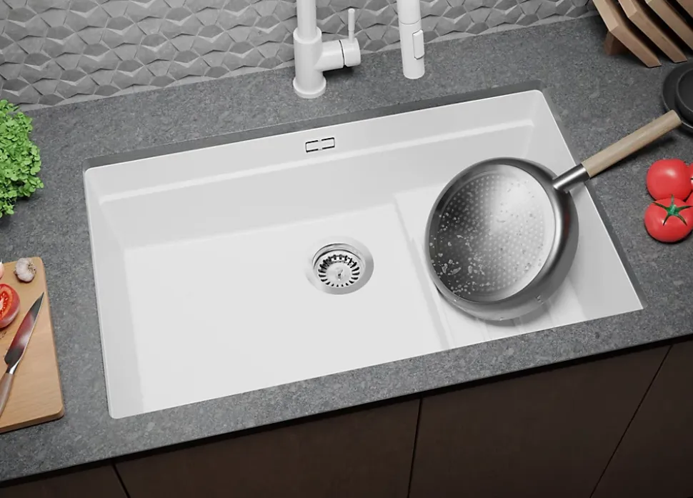 PRIMAGRAN Evier Sous Plan Blanc 76x47cm, Evier en Granit 1 bac + Kit de Vidage + Accessoires, Évier au meuble 80cm - Prague