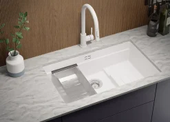 PRIMAGRAN Evier Sous Plan Blanc 76x47cm, Evier en Granit 1 bac + Kit de Vidage + Accessoires, Évier au meuble 80cm - Prague