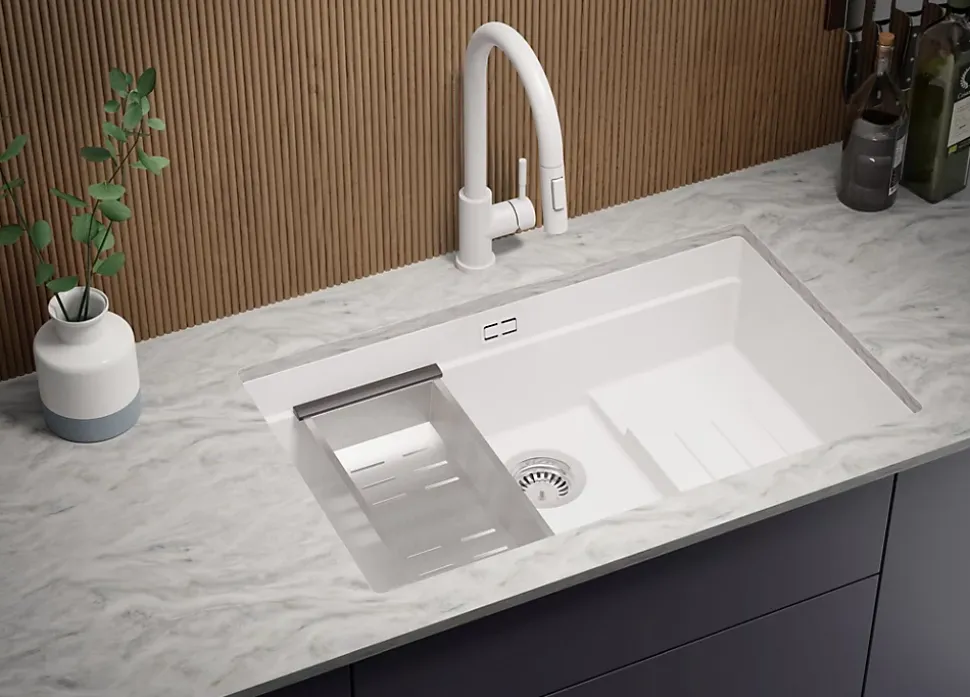 PRIMAGRAN Evier Sous Plan Blanc 76x47cm, Evier en Granit 1 bac + Kit de Vidage + Accessoires, Évier au meuble 80cm - Prague