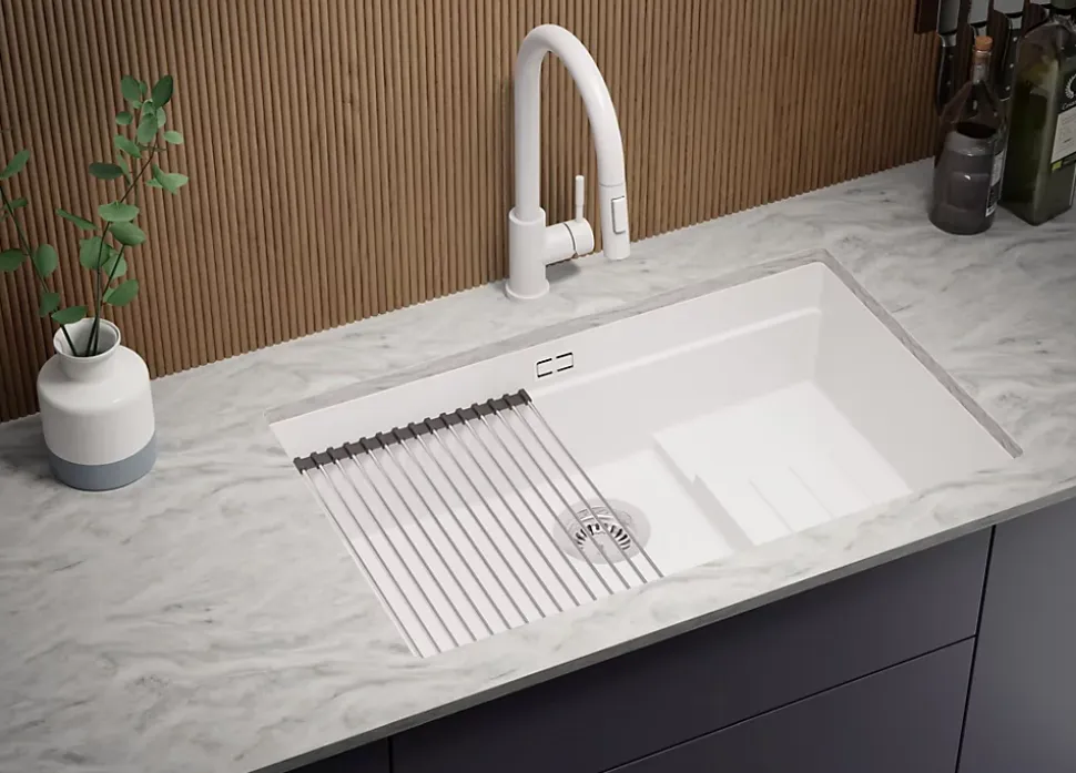 PRIMAGRAN Evier Sous Plan Blanc 76x47cm, Evier en Granit 1 bac + Kit de Vidage + Accessoires, Évier au meuble 80cm - Prague