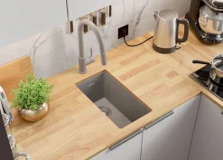 PRIMAGRAN Evier Sous Plan Gris 26x47cm, Evier en Granit 1 bac + Kit de Vidage, Évier au meuble 30cm - London