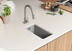 PRIMAGRAN Evier Sous Plan Gris 26x47cm, Evier en Granit 1 bac + Kit de Vidage, Évier au meuble 30cm - London