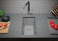 PRIMAGRAN Evier Sous Plan Gris 26x47cm, Evier en Granit 1 bac + Kit de Vidage, Évier au meuble 30cm - London