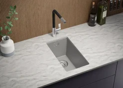 PRIMAGRAN Evier Sous Plan Gris 26x47cm, Evier en Granit 1 bac + Kit de Vidage, Évier au meuble 30cm - London