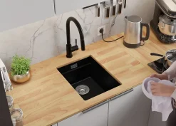 PRIMAGRAN Evier Sous Plan Noir 36x47cm, Evier en Granit 1 bac + Kit de Vidage + Accessoires, Évier au meuble 40cm - Prague