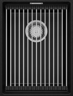 PRIMAGRAN Evier Sous Plan Noir 36x47cm, Evier en Granit 1 bac + Kit de Vidage + Accessoires, Évier au meuble 40cm - Prague