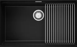 PRIMAGRAN Evier Sous Plan Noir 76x47cm, Evier en Granit 1 bac + Kit de Vidage + Accessoires, Évier au meuble 80cm - Prague