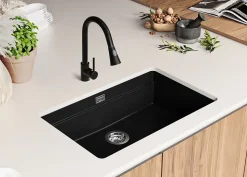 PRIMAGRAN Evier Sous Plan Noir 76x47cm, Evier en Granit 1 bac + Kit de Vidage + Accessoires, Évier au meuble 80cm - Prague