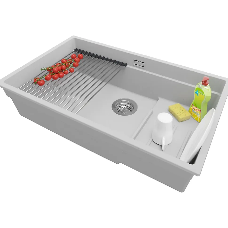 PRIMAGRAN Evier Sous Plan Gris 76x47cm, Evier en Granit 1 bac + Kit de Vidage + Accessoires, Évier au meuble 80cm - Prague