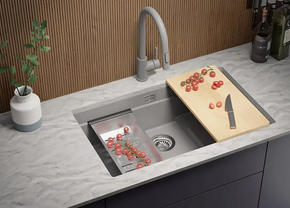 PRIMAGRAN Evier Sous Plan Gris 76x47cm, Evier en Granit 1 bac + Kit de Vidage + Accessoires, Évier au meuble 80cm - Prague