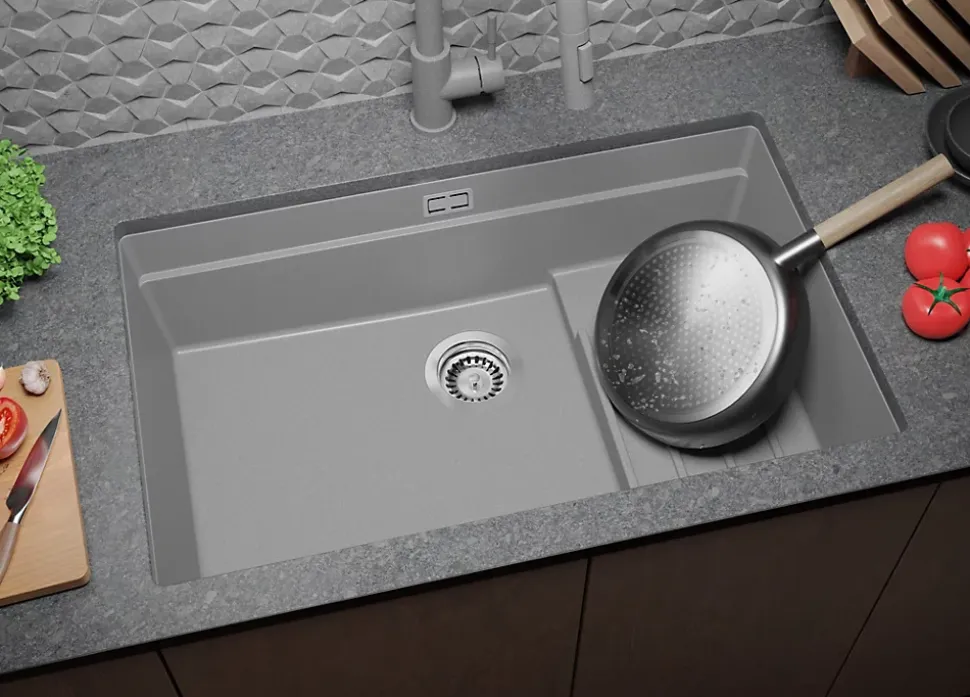 PRIMAGRAN Evier Sous Plan Gris 76x47cm, Evier en Granit 1 bac + Kit de Vidage + Accessoires, Évier au meuble 80cm - Prague