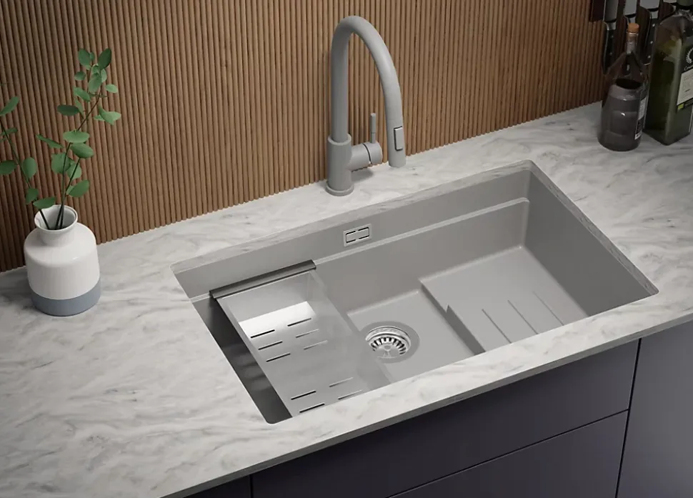 PRIMAGRAN Evier Sous Plan Gris 76x47cm, Evier en Granit 1 bac + Kit de Vidage + Accessoires, Évier au meuble 80cm - Prague