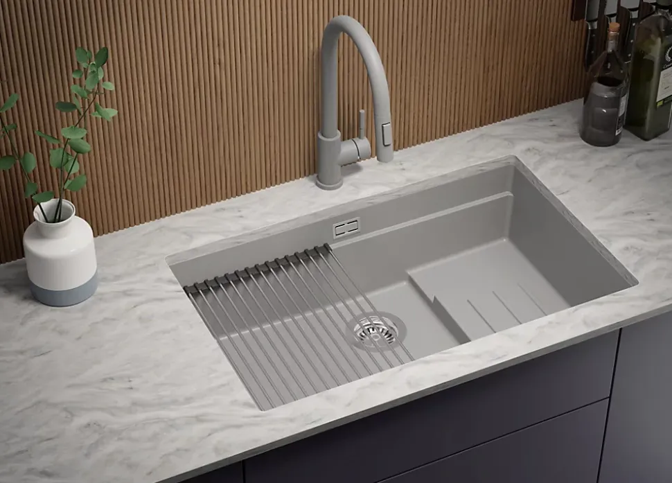 PRIMAGRAN Evier Sous Plan Gris 76x47cm, Evier en Granit 1 bac + Kit de Vidage + Accessoires, Évier au meuble 80cm - Prague