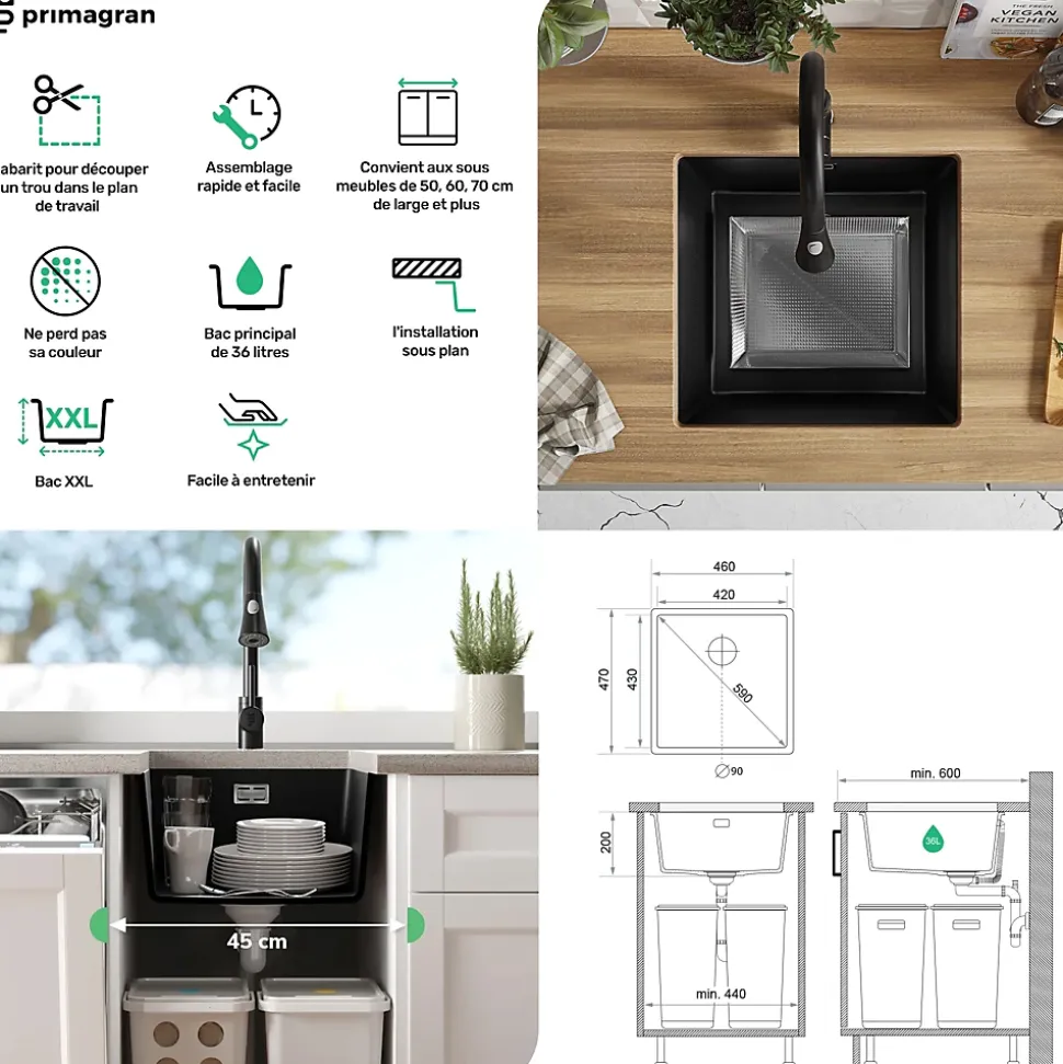 PRIMAGRAN Evier Sous Plan Noir Métallisé 46x47cm, Evier en Granit 1 bac + Kit de Vidage, Évier au meuble 50cm - London