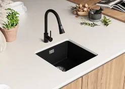 PRIMAGRAN Evier Sous Plan Noir Métallisé 46x47cm, Evier en Granit 1 bac + Kit de Vidage, Évier au meuble 50cm - London