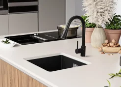 PRIMAGRAN Evier Sous Plan Noir Métallisé 46x47cm, Evier en Granit 1 bac + Kit de Vidage, Évier au meuble 50cm - London