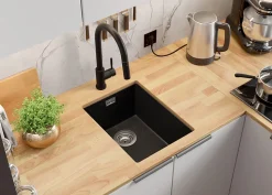 PRIMAGRAN Evier Sous Plan Noir Métallisé 36x47cm, Evier en Granit 1 bac + Kit de Vidage, Évier au meuble 40cm - London