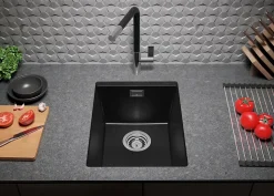 PRIMAGRAN Evier Sous Plan Noir Métallisé 36x47cm, Evier en Granit 1 bac + Kit de Vidage, Évier au meuble 40cm - London