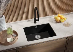 PRIMAGRAN Evier Sous Plan Noir Métallisé 56x44cm, Evier en Granit 1 bac + Kit de Vidage, Évier au meuble 60cm - Venise Easy