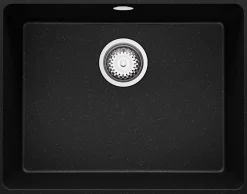 PRIMAGRAN Evier Sous Plan Noir Métallisé 56x44cm, Evier en Granit 1 bac + Kit de Vidage, Évier au meuble 60cm - Venise Easy