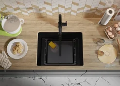 PRIMAGRAN Evier Sous Plan Noir Métallisé 56x44cm, Evier en Granit 1 bac + Kit de Vidage, Évier au meuble 60cm - Venise Easy