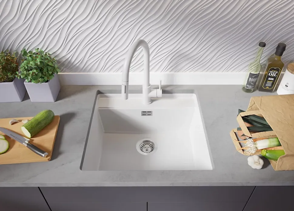 PRIMAGRAN Evier Sous Plan Blanc 56x53cm, Evier en Granit 1 bac + Kit de Vidage + Accessoires, Évier au meuble 60cm - Bergen