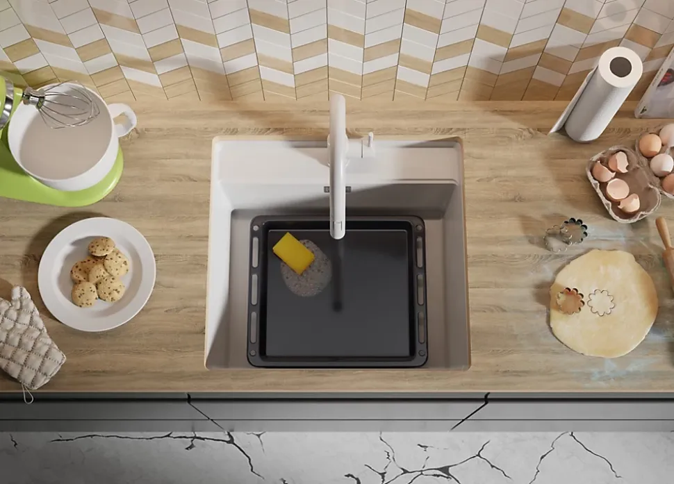 PRIMAGRAN Evier Sous Plan Blanc 56x53cm, Evier en Granit 1 bac + Kit de Vidage + Accessoires, Évier au meuble 60cm - Bergen