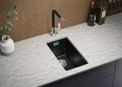 PRIMAGRAN Evier Sous Plan Noir Métallisé 26x47cm, Evier en Granit 1 bac + Kit de Vidage, Évier au meuble 30cm - London