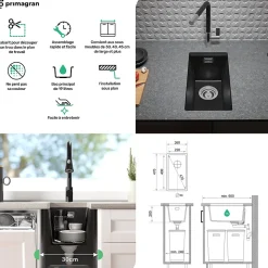 PRIMAGRAN Evier Sous Plan Noir Métallisé 26x47cm, Evier en Granit 1 bac + Kit de Vidage, Évier au meuble 30cm - London
