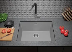 PRIMAGRAN Evier Sous Plan Gris 56x47cm, Evier en Granit 1 bac + Kit de Vidage, Évier au meuble 60cm - London