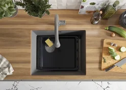 PRIMAGRAN Evier Sous Plan Gris 56x47cm, Evier en Granit 1 bac + Kit de Vidage, Évier au meuble 60cm - London