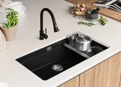 PRIMAGRAN Evier Sous Plan Tout Noir 86x47cm, Evier en Granit 1 bac + Kit de Vidage + Accessoires, Évier au meuble 90cm - Prague