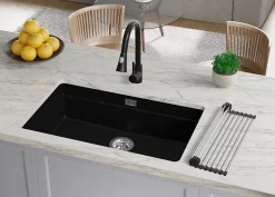 PRIMAGRAN Evier Sous Plan Tout Noir 86x47cm, Evier en Granit 1 bac + Kit de Vidage + Accessoires, Évier au meuble 90cm - Prague