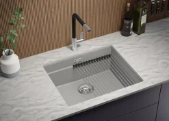 PRIMAGRAN Evier Sous Plan Gris 56x47cm, Evier en Granit 1 bac + Kit de Vidage + Accessoires, Évier au meuble 60cm - Prague